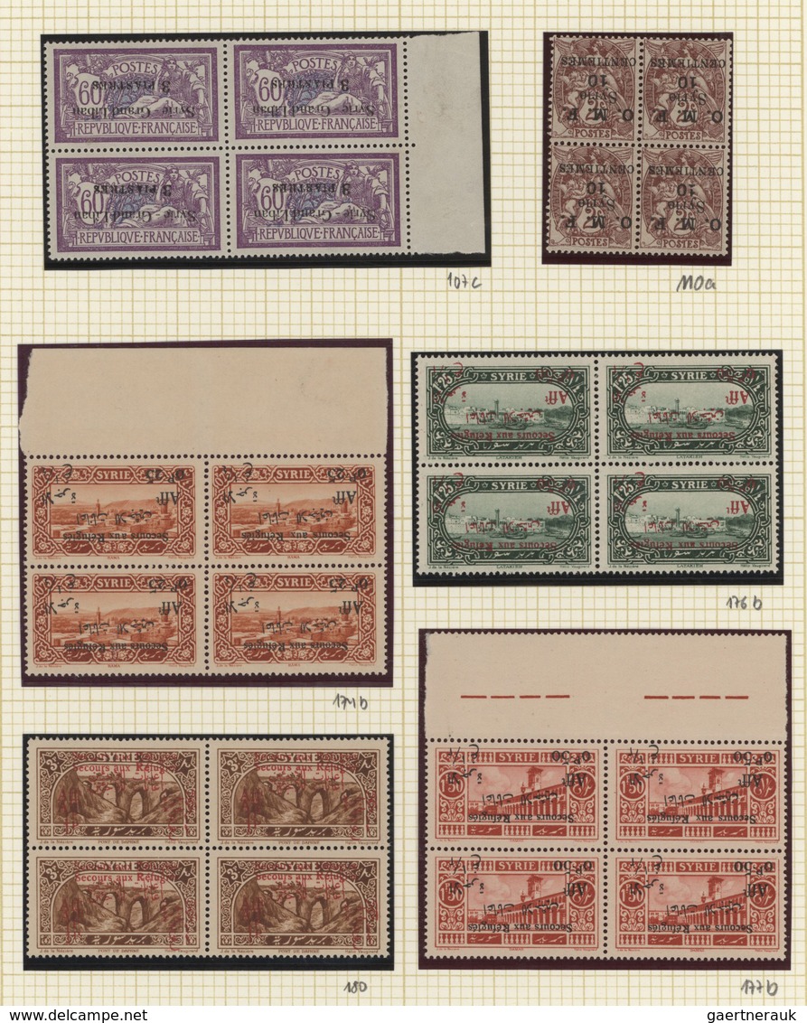 Syrien: 1923/1926, INVERTED/DOUBLE OVERPRINTS, Petty MNH Collection Of Six BLOCKS OF FOUR With Inver - Syrie