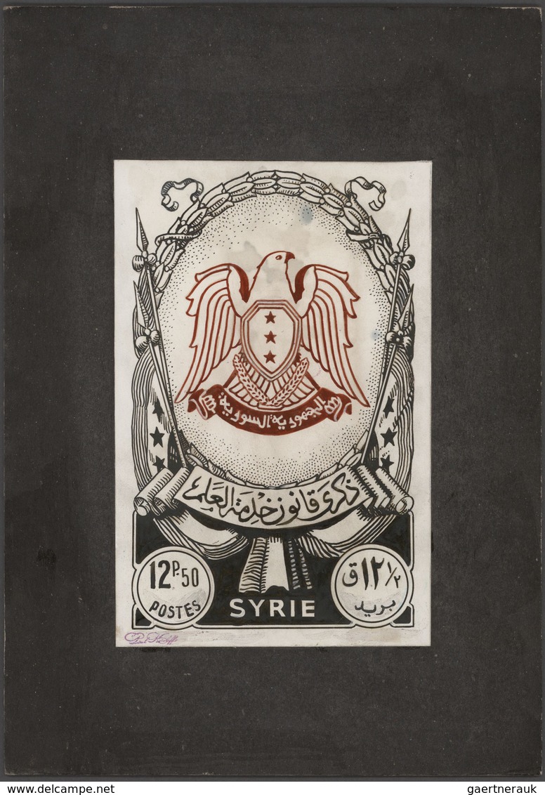 Syrien: 1938/1955. Astonishing Collection Of 45 ARTIST'S DRAWINGS For Stamps Of The Named Period, St - Siria