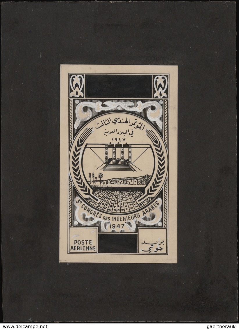 Syrien: 1938/1955. Astonishing collection of 45 ARTIST'S DRAWINGS for stamps of the named period, st