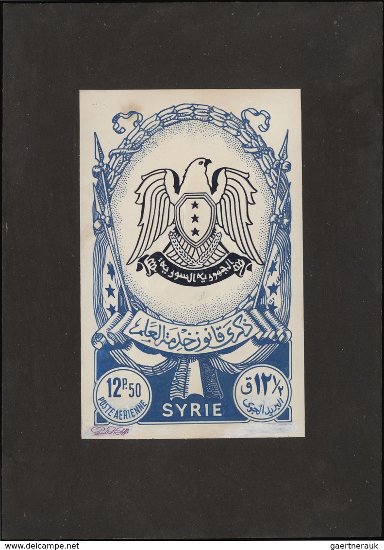 Syrien: 1938/1955. Astonishing collection of 45 ARTIST'S DRAWINGS for stamps of the named period, st