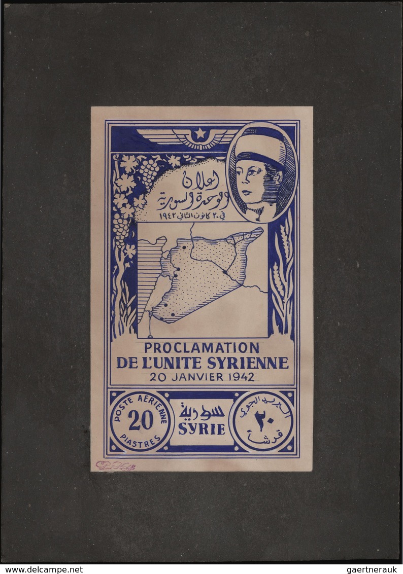 Syrien: 1938/1955. Astonishing collection of 45 ARTIST'S DRAWINGS for stamps of the named period, st