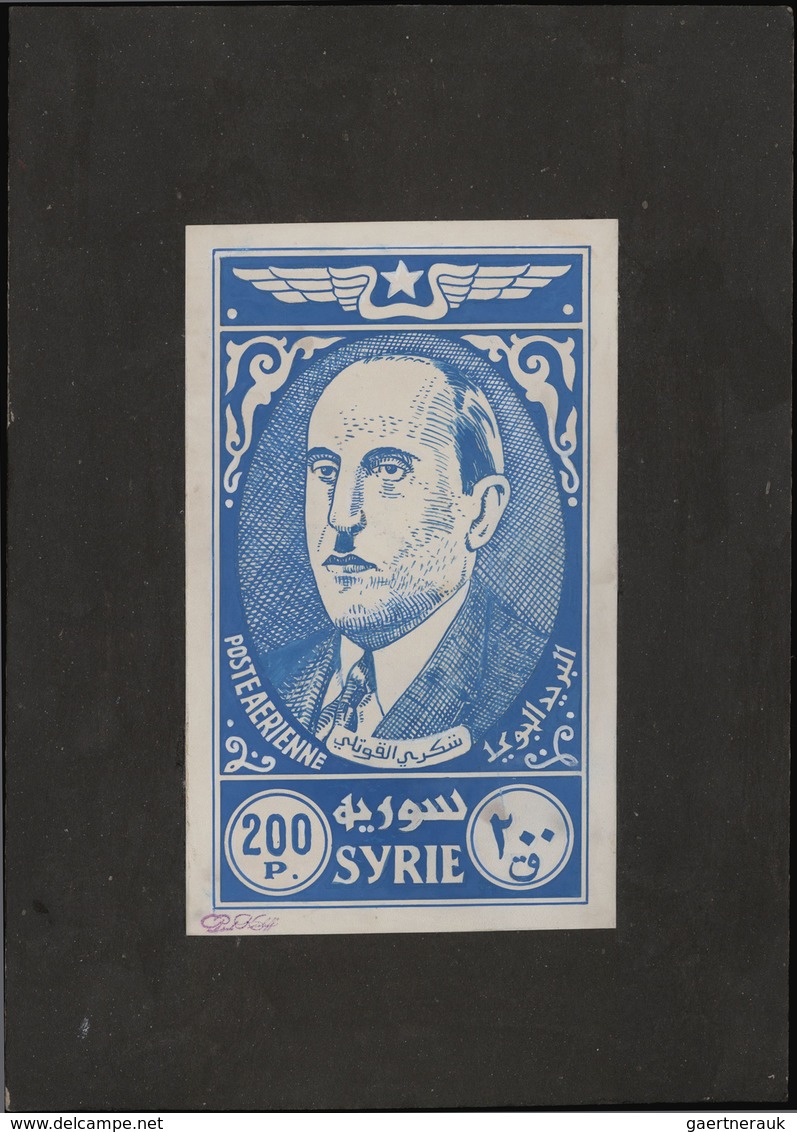 Syrien: 1938/1955. Astonishing collection of 45 ARTIST'S DRAWINGS for stamps of the named period, st