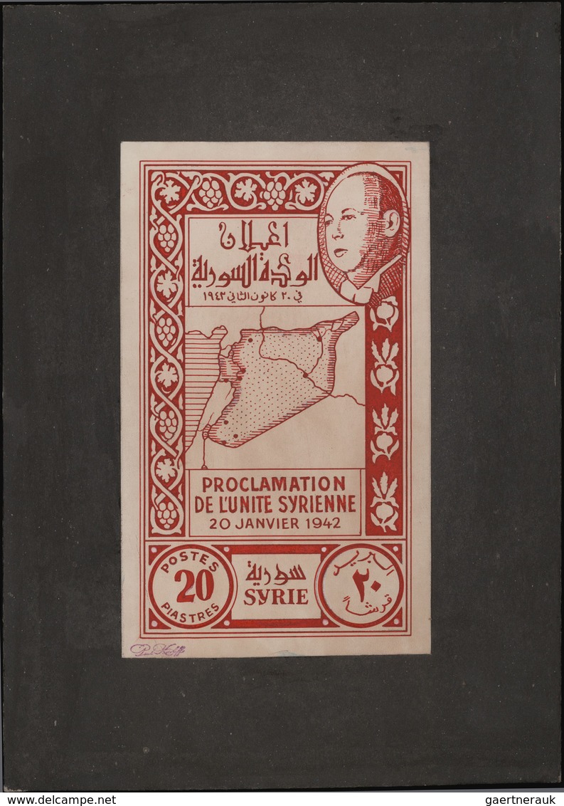 Syrien: 1938/1955. Astonishing collection of 45 ARTIST'S DRAWINGS for stamps of the named period, st