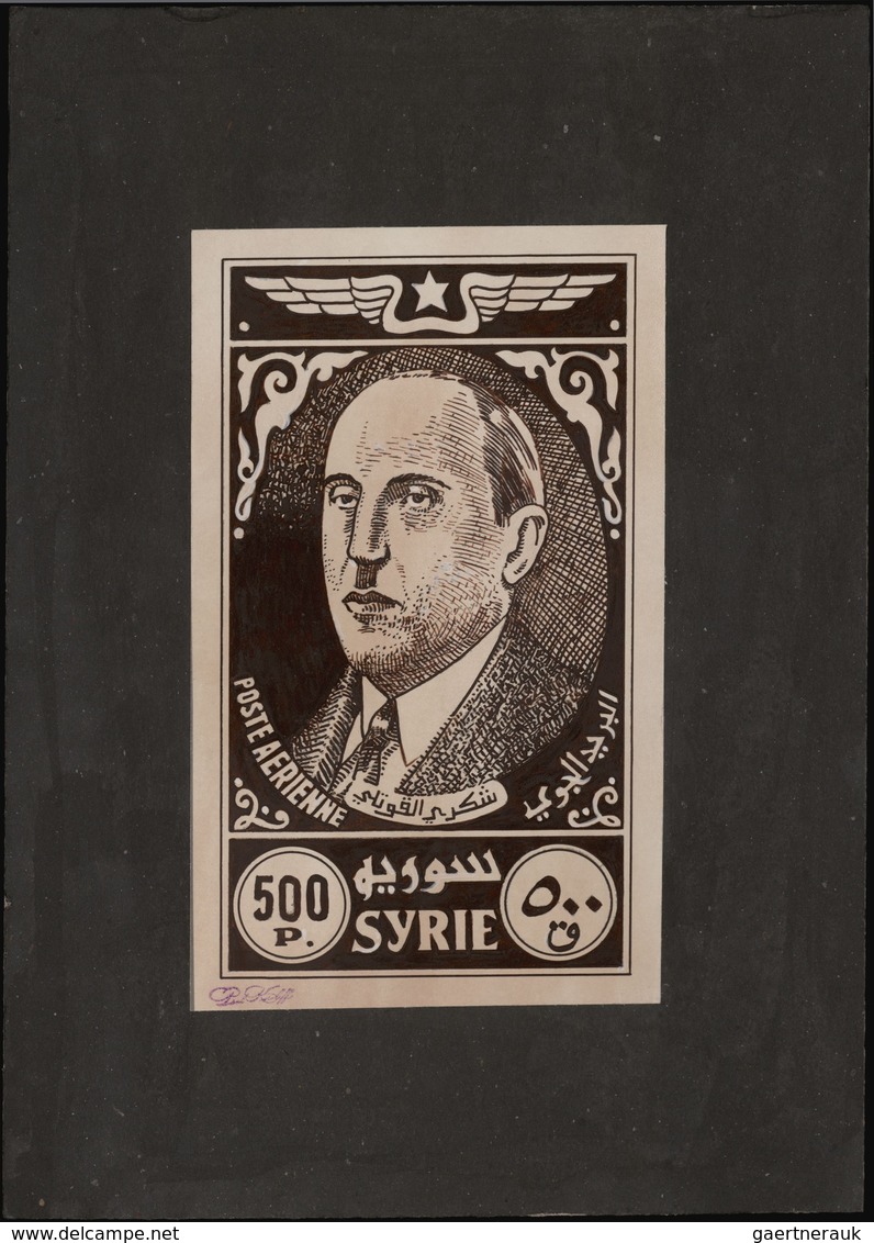 Syrien: 1938/1955. Astonishing collection of 45 ARTIST'S DRAWINGS for stamps of the named period, st