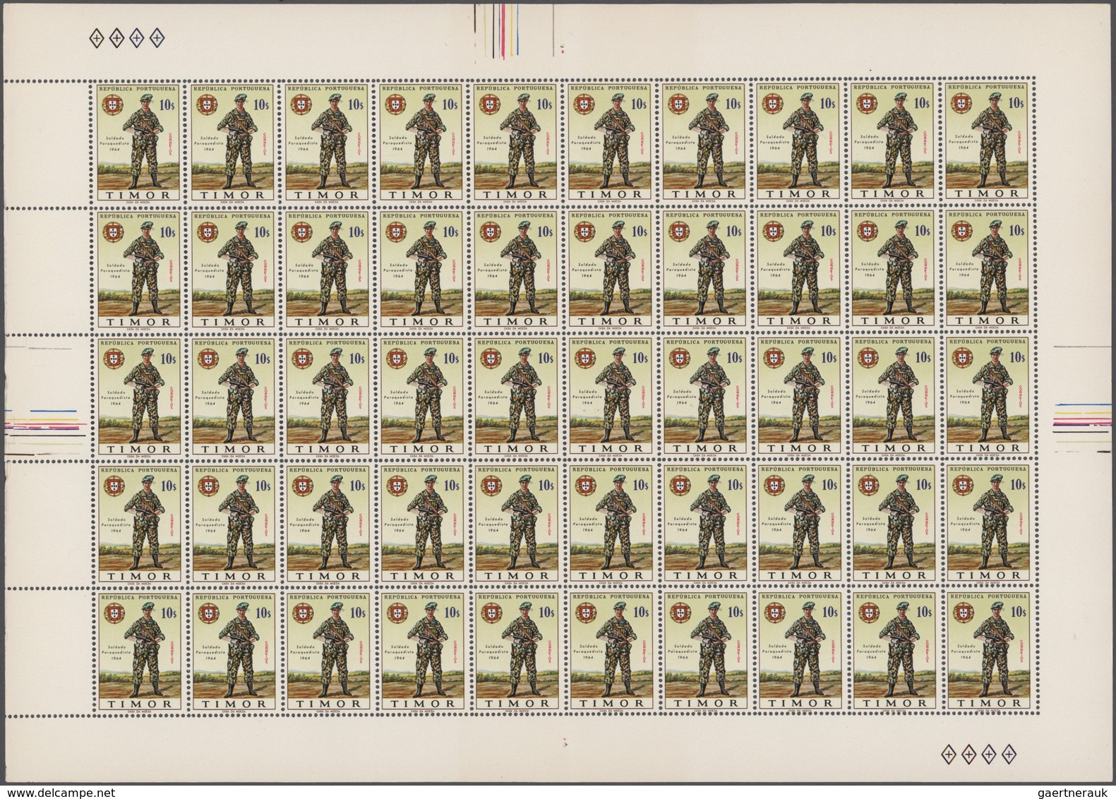 Timor: 1967, Military Uniforms, 100 X Michel No. 348/355 Each In Two Mint Never Hinged Full Sheets. - Osttimor