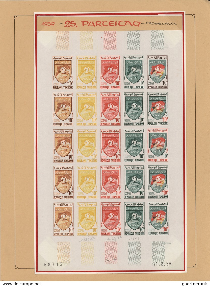 Tunesien: 1954/1963, IMPERFORATE COLOUR PROOFS, collection of apprx. 1.645 imperf. colour proofs, ma