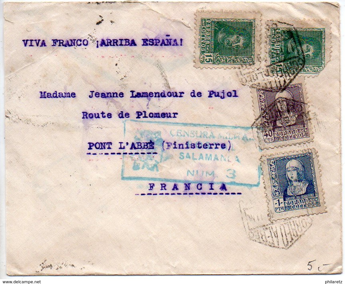 Espagne : Lettre De 1938 Pour La France Avec Censure De Salamanca - Lettres & Documents