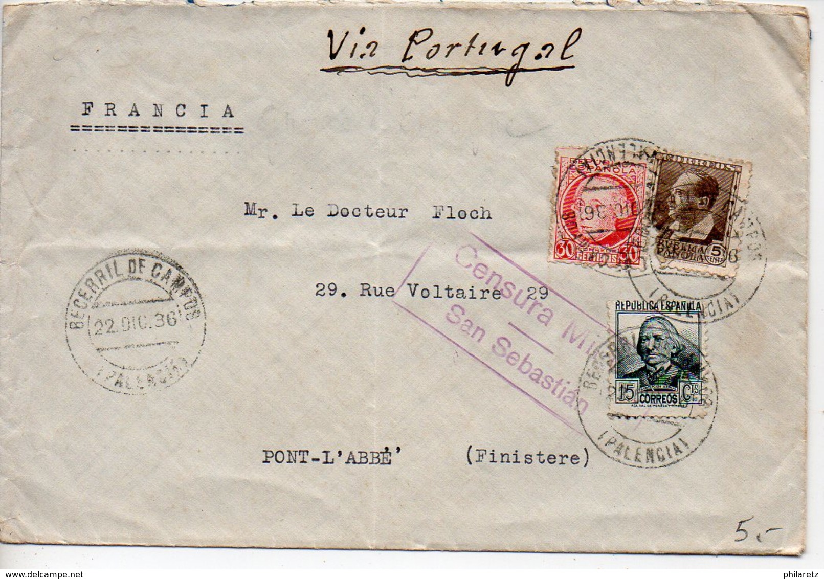 Espagne : Lettre De 1936 Pour La France Avec Censure De San Sebastian Et Mention Manuscrite Via Portugal - Lettres & Documents