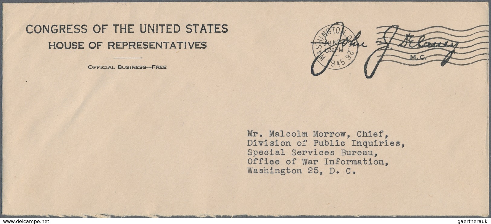 Vereinigte Staaten Von Amerika: 1943 - 1947, Pre-printed Envelopes Of The House Of Representatives ( - Briefe U. Dokumente