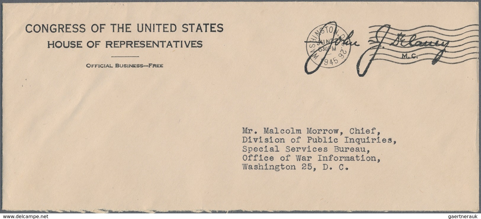 Vereinigte Staaten Von Amerika: 1943 - 1947, Pre-printed Envelopes Of The House Of Representatives ( - Brieven En Documenten