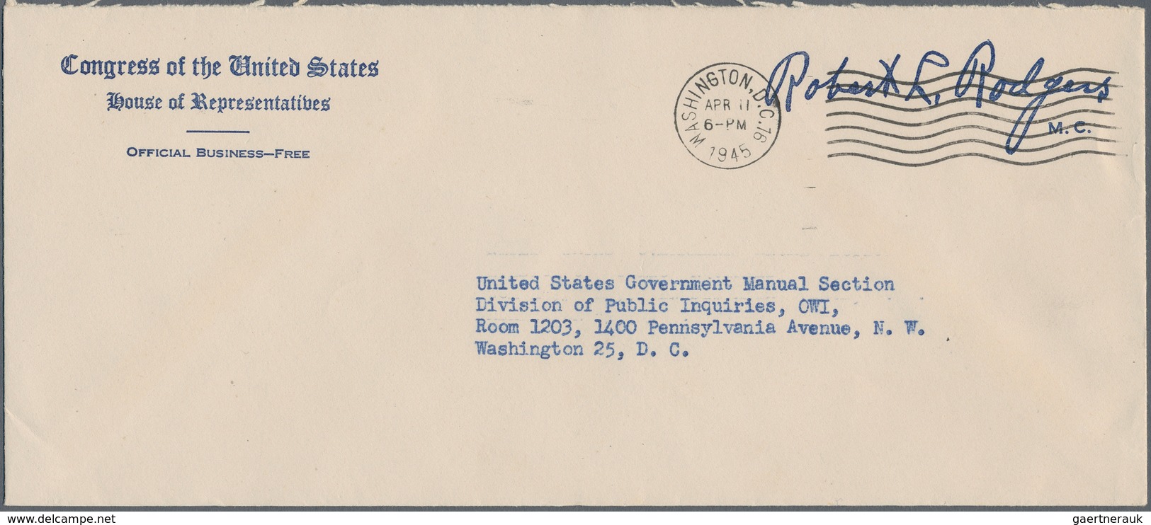 Vereinigte Staaten Von Amerika: 1943 - 1947, Pre-printed Envelopes Of The House Of Representatives ( - Brieven En Documenten