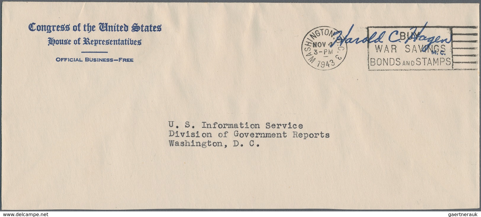 Vereinigte Staaten Von Amerika: 1943 - 1947, Pre-printed Envelopes Of The House Of Representatives ( - Brieven En Documenten