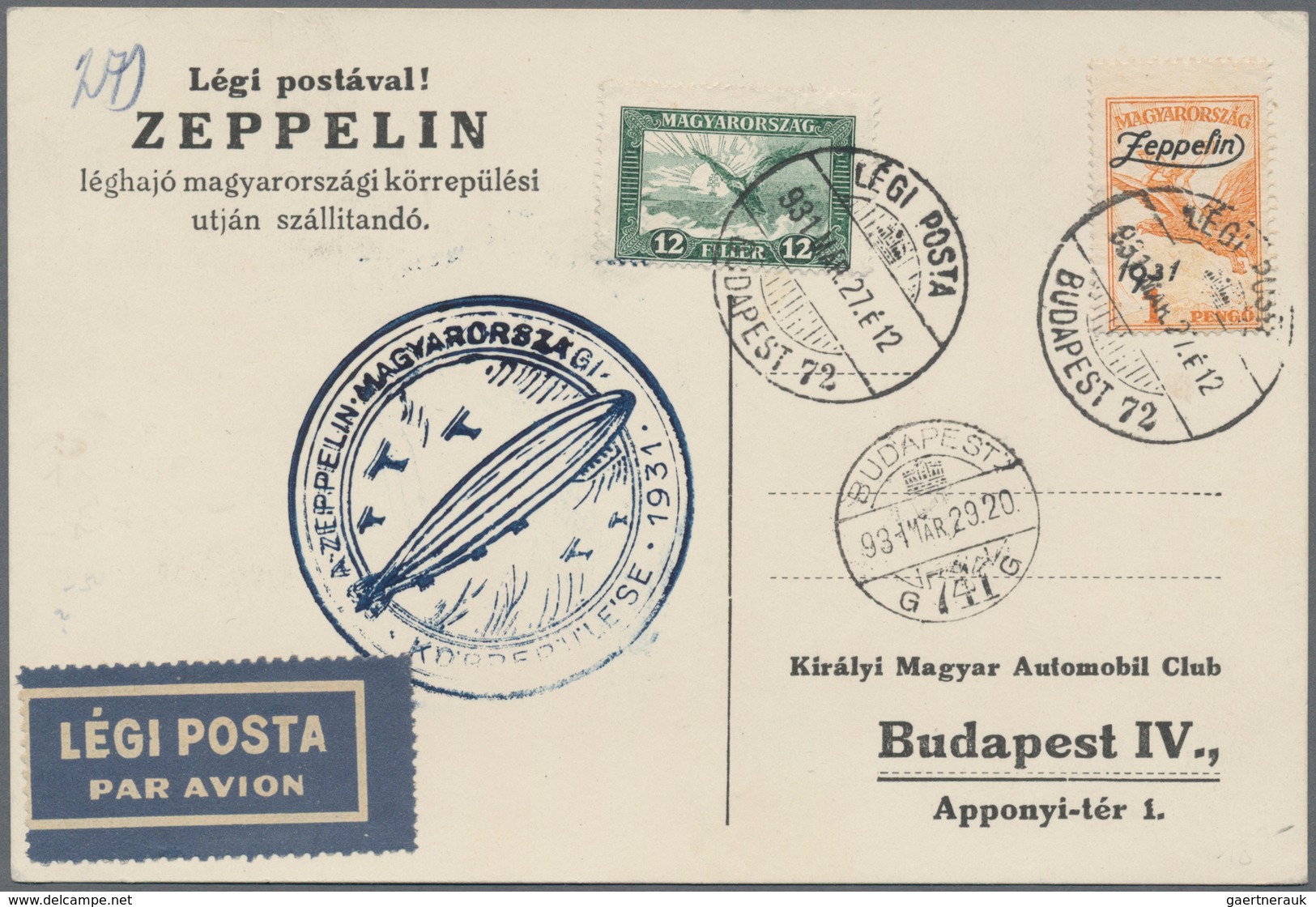 Zeppelinpost Europa: 1931, Trip To Hungary, Lot Of Four Entires: Two Cards With 1p., Cover With 2p. - Andere-Europa