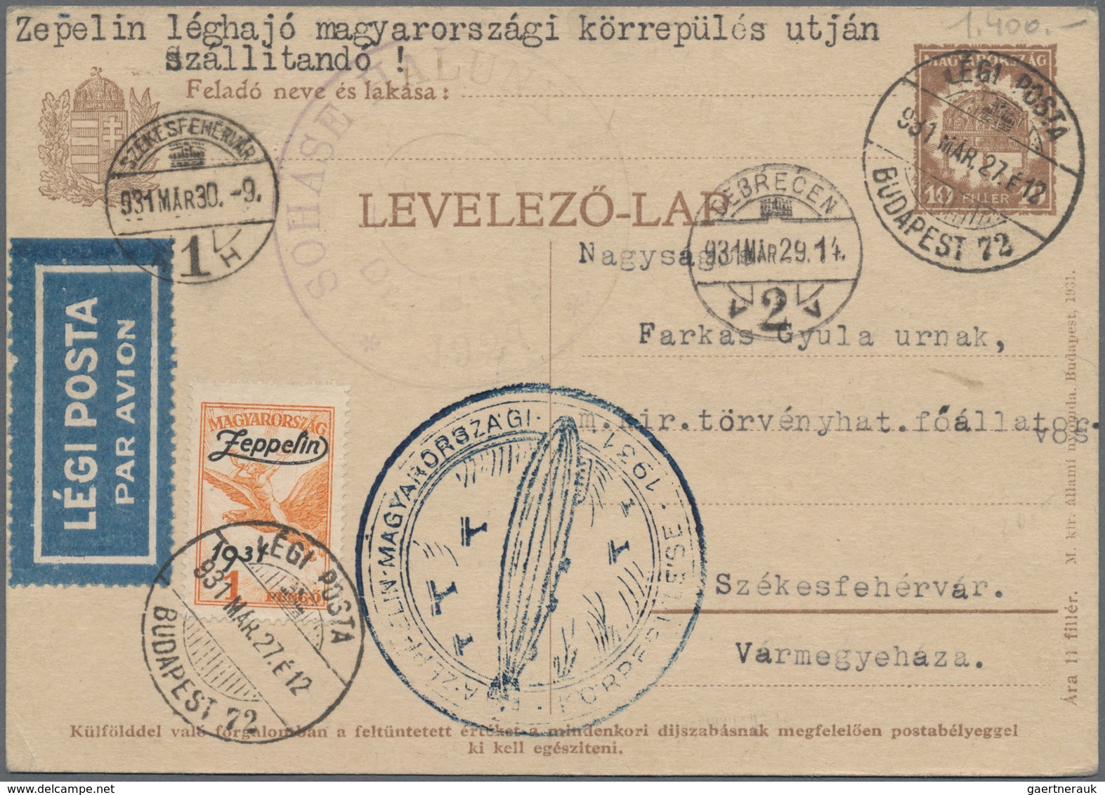 Zeppelinpost Europa: 1931, Trip To Hungary, Lot Of Four Entires: Two Cards With 1p., Cover With 2p. - Sonstige - Europa