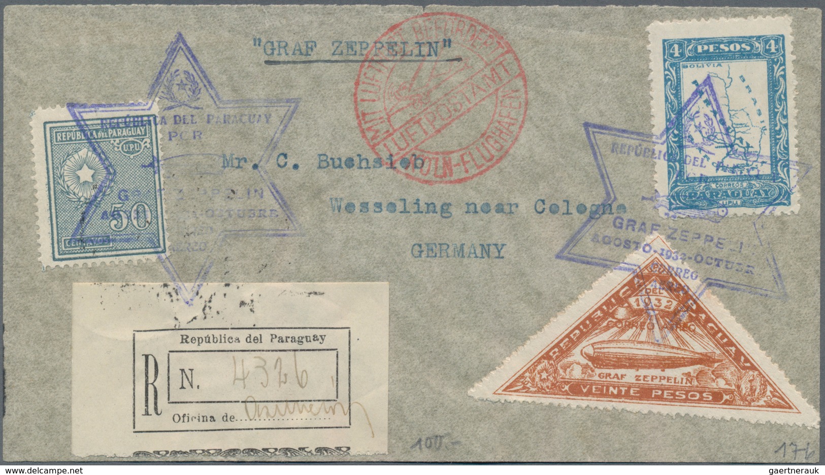 Zeppelinpost Übersee: 1932/35, PARAGUAY, Lot Of Five Zeppelin Covers (four Of Them Registered) To Ge - Zeppeline