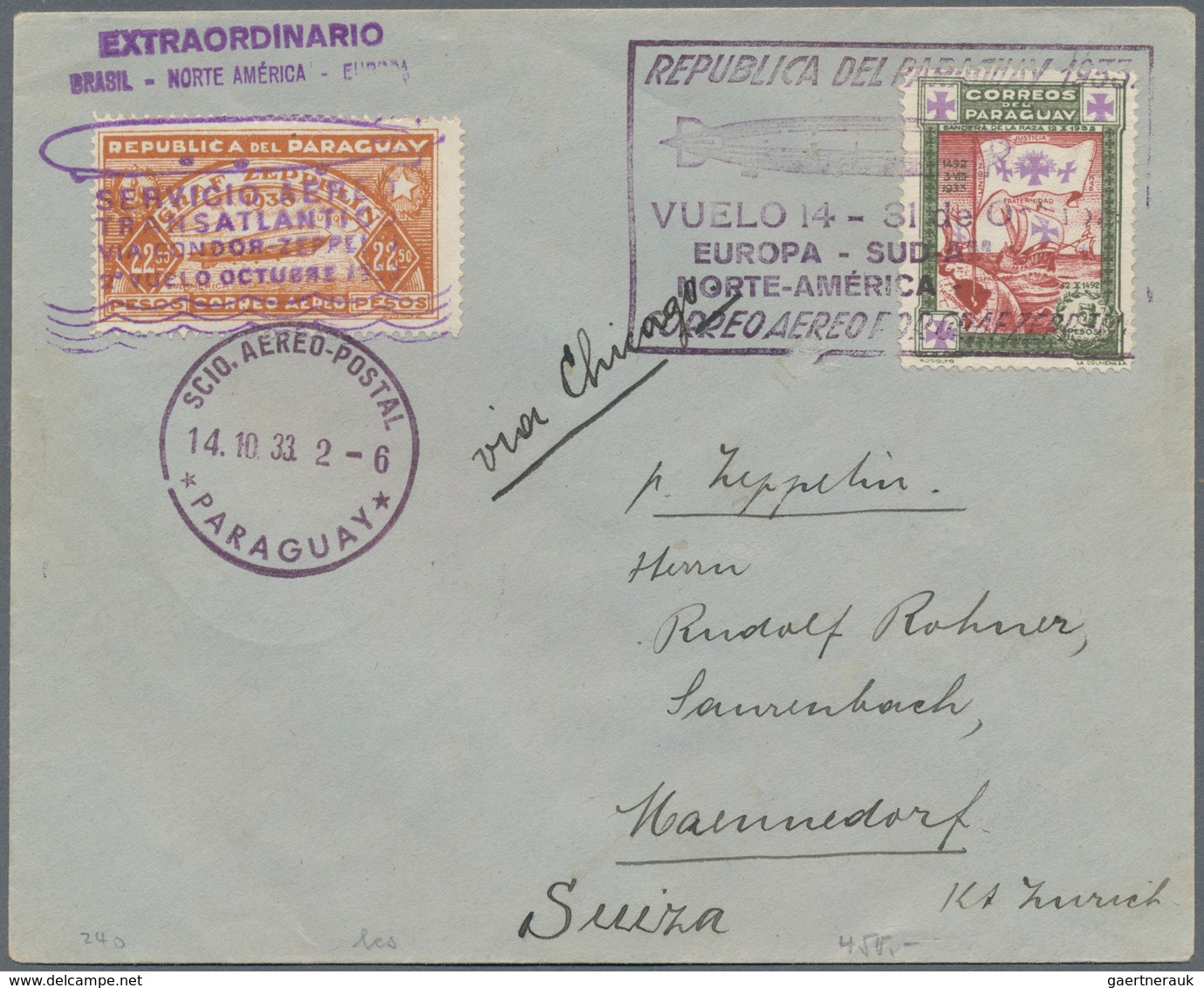 Zeppelinpost Übersee: 1932/35, PARAGUAY, Lot Of Five Zeppelin Covers (four Of Them Registered) To Ge - Zeppelines