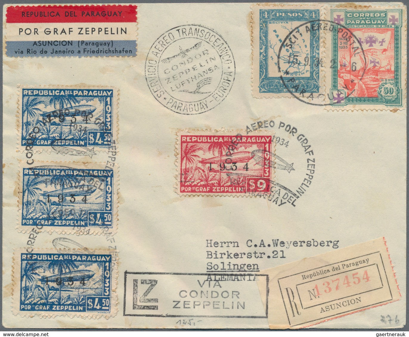 Zeppelinpost Übersee: 1932/35, PARAGUAY, Lot Of Five Zeppelin Covers (four Of Them Registered) To Ge - Zeppeline