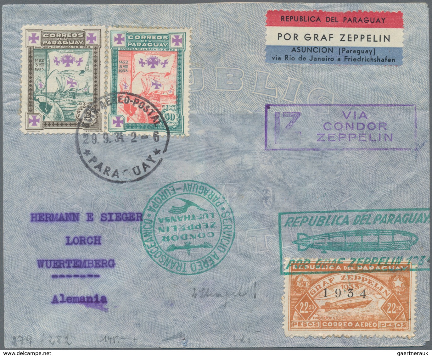 Zeppelinpost Übersee: 1932/35, PARAGUAY, Lot Of Five Zeppelin Covers (four Of Them Registered) To Ge - Zeppelins