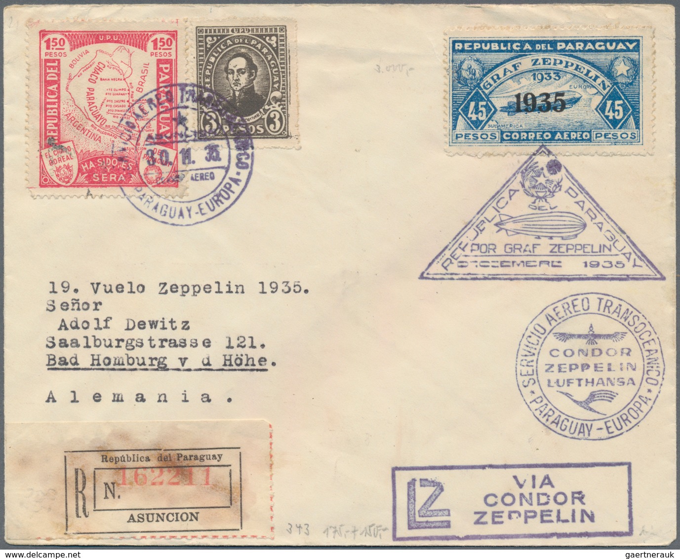 Zeppelinpost Übersee: 1932/35, PARAGUAY, Lot Of Five Zeppelin Covers (four Of Them Registered) To Ge - Zeppeline