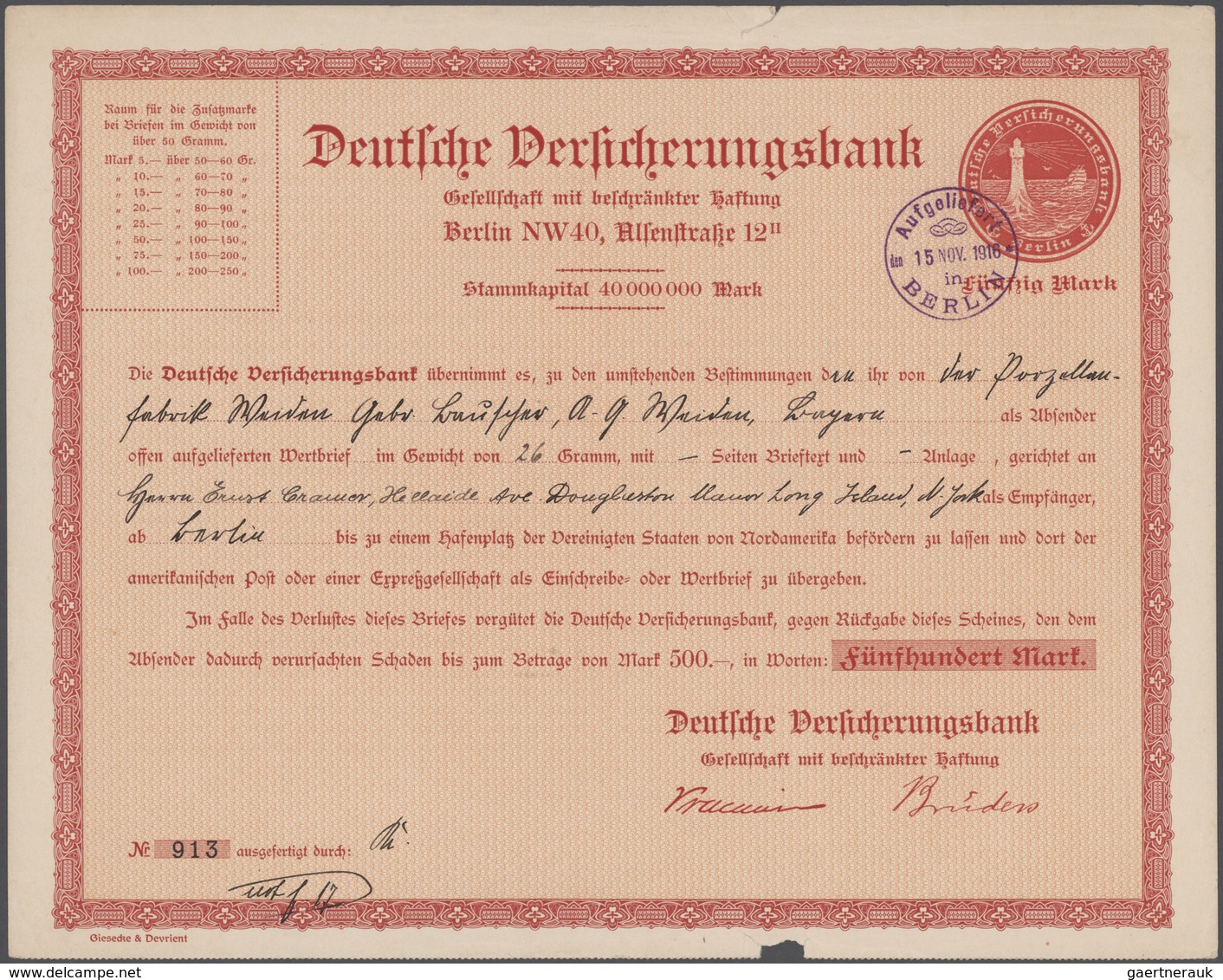 Deutsche Schiffspost Im Ausland - Seepost: 1916, Wertkarte 50 Mark Lilakarmin Mit Dreistelliger Kont - Andere & Zonder Classificatie