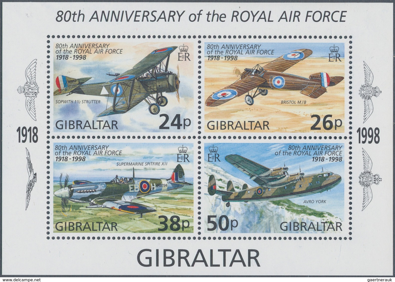 Thematik: Flugzeuge, Luftfahrt / Airoplanes, Aviation: 1998, Gibraltar: 80 Years Of Royal Air Force - Vliegtuigen