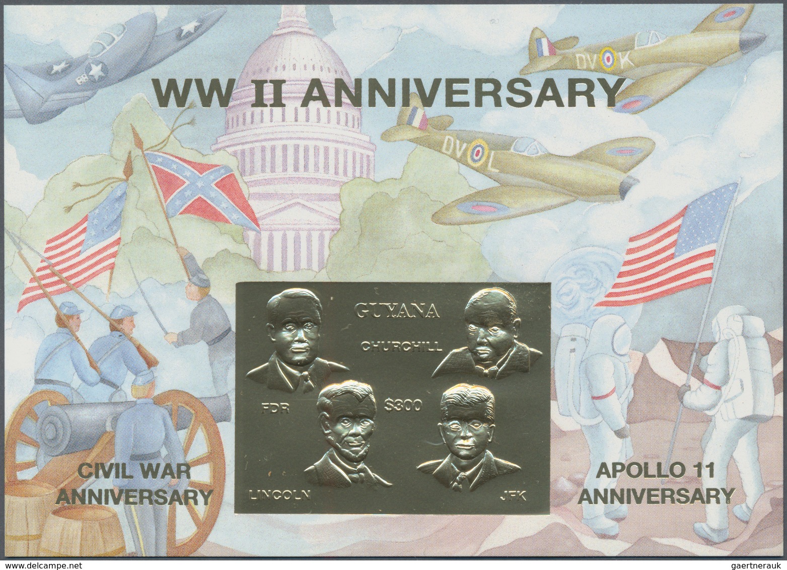 Thematik: Raumfahrt / Astronautics: 1994, WW II And Civil War Anniversary, Apollo 11, 50 X Guyana On - Sonstige & Ohne Zuordnung