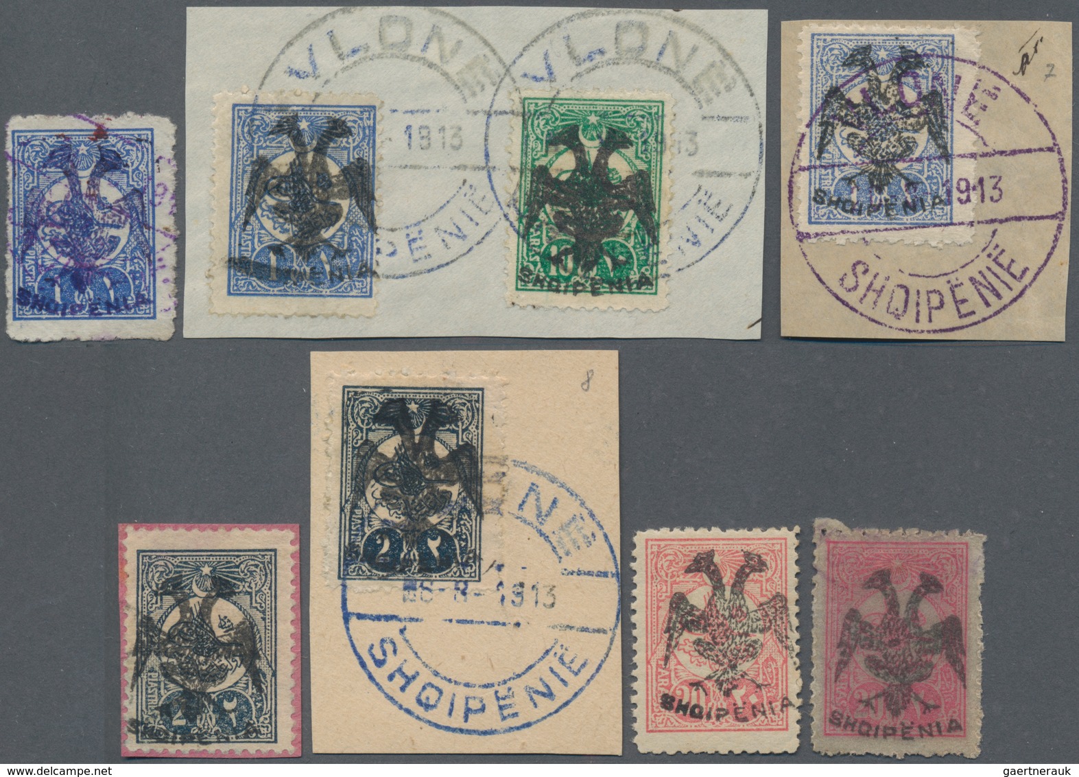 Albanien: 1913, Double Headed Eagle Overprints, Lot Of Six Stamps: Michel. Nos. 5, 7 (three, One Wit - Albanië