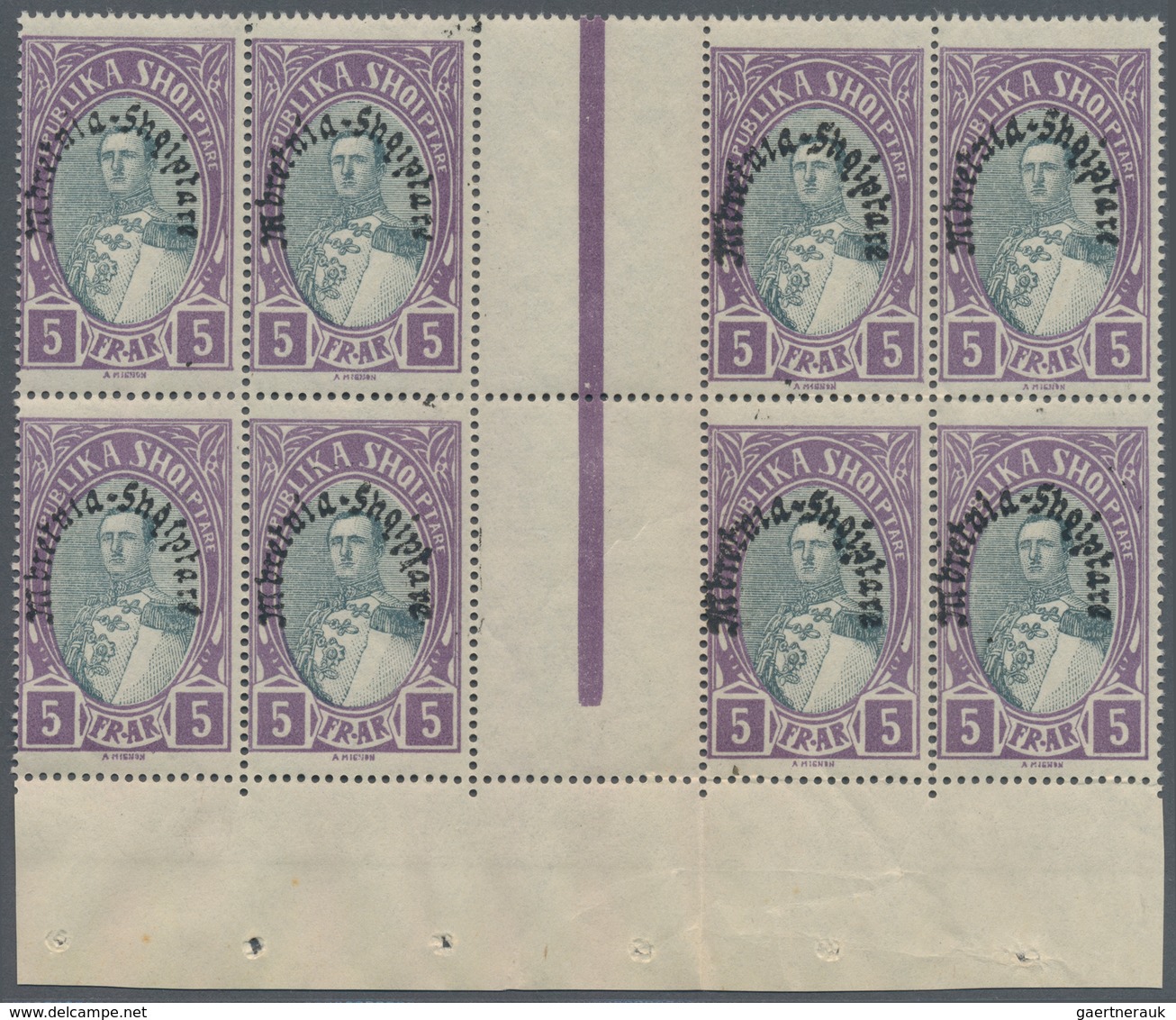 Albanien: 1928, Unissued King Zogu Stamp 5fr. Violet/grey With Opt. 'Mbretnia Shqiptare' In A Lot Wi - Albanië