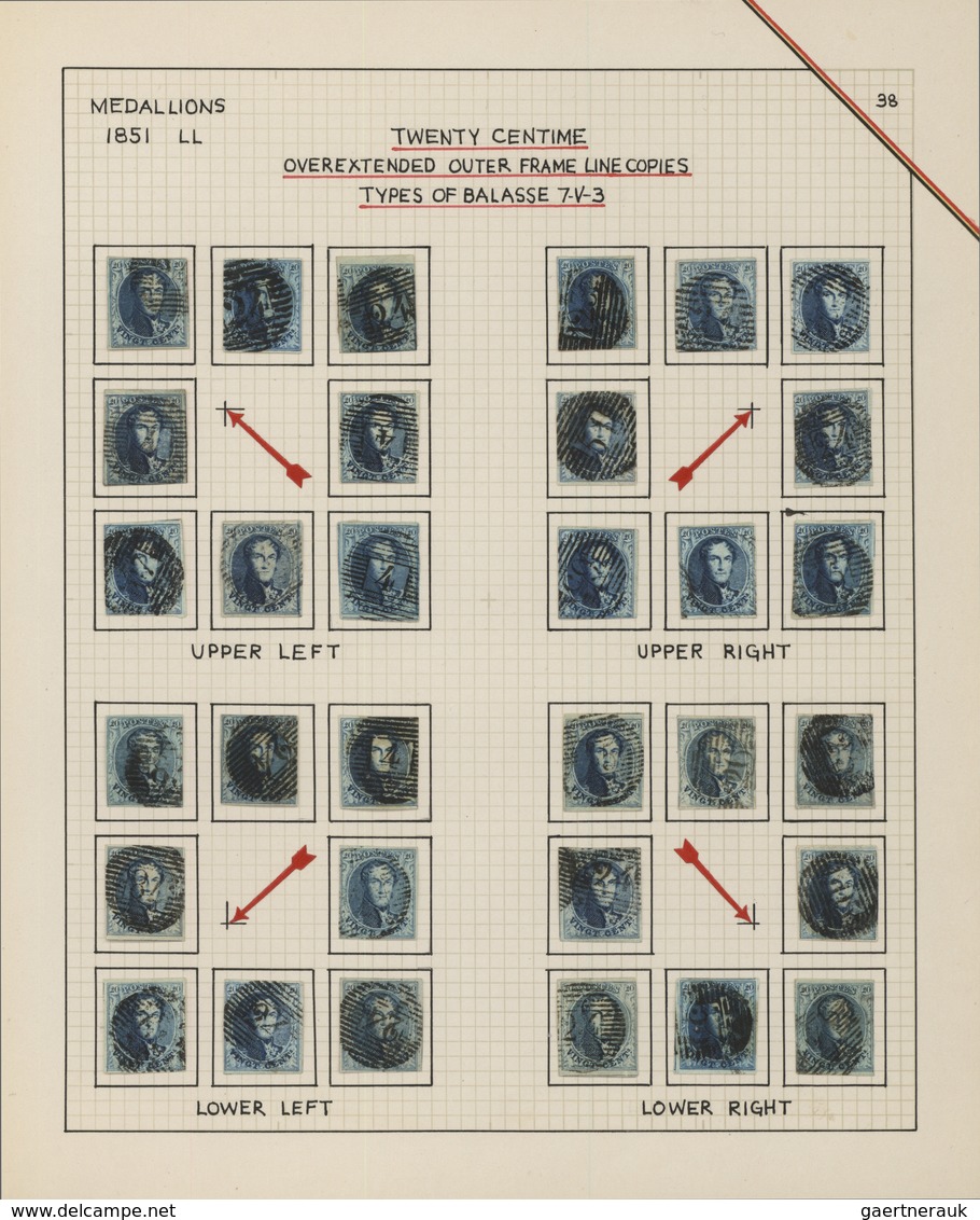 Belgien: 1851/1854, 20c. Blue, Group Of 32 Used Copies With Retouched (extended) Frame Lines In Corn - Verzamelingen