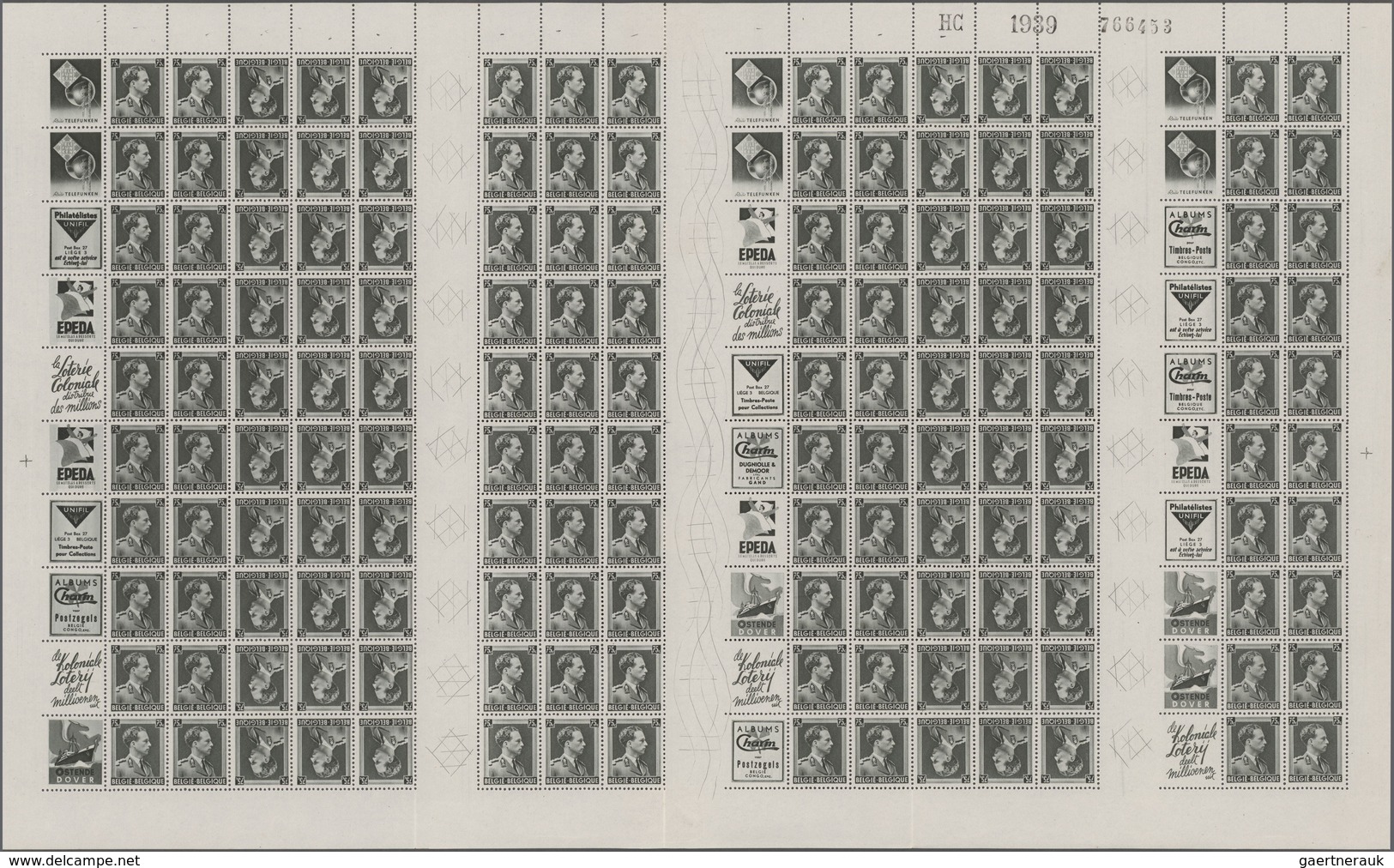 Belgien - Zusammendrucke: 1939, Leopold III, 75 C., Complete Printed Sheet Of The Tete-beche Pairs, - Tête-bêche [KP] & Interpanneaux [KT]