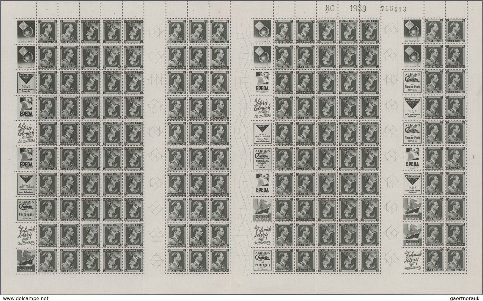Belgien - Zusammendrucke: 1939, Leopold III, 75 C., Complete Printed Sheet Of The Tete-beche Pairs, - Kopstaande [KP] & Tussenpanelen [KT]