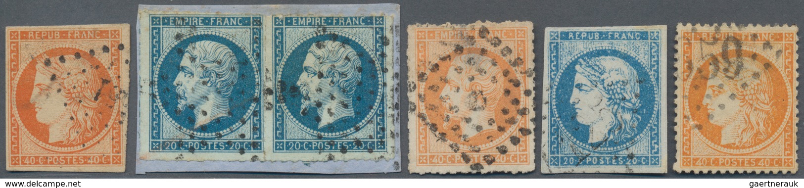 Frankreich: 1849/1870, Lot Of Six Used Stamps, Incl. 1849 40c. Orange With PC, Empire Nd 20c. Pair A - Verzamelingen