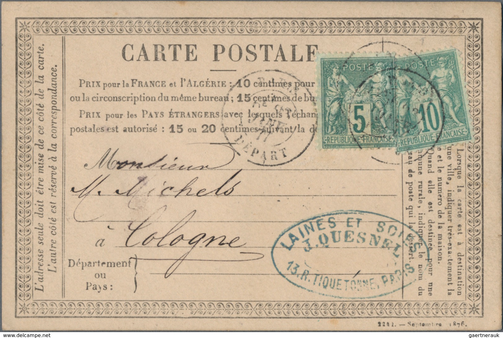 Frankreich: 1876 Approx. 30 Precursor Cards (cartes Précuseurs), Some Errors In The Print Data (miss - Collections