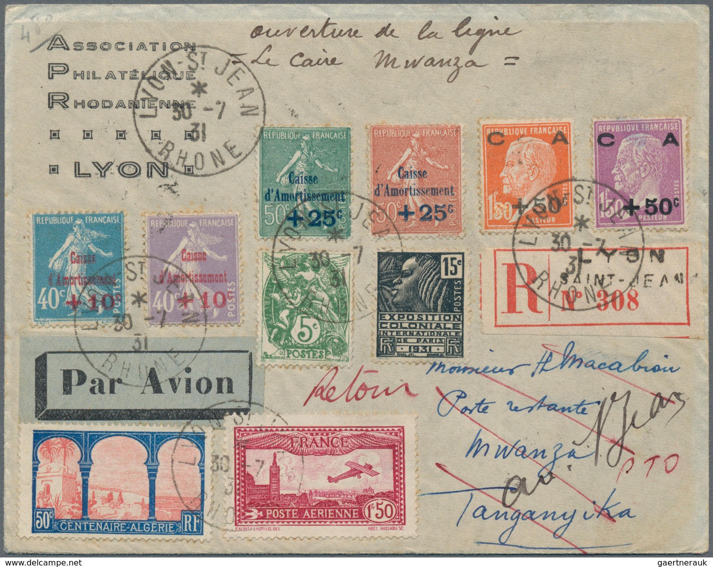 Frankreich: 1920/1949, Lot Of Six Philatelic Covers, E.g. 1931 Registered Airmail Cover To East Afri - Collections