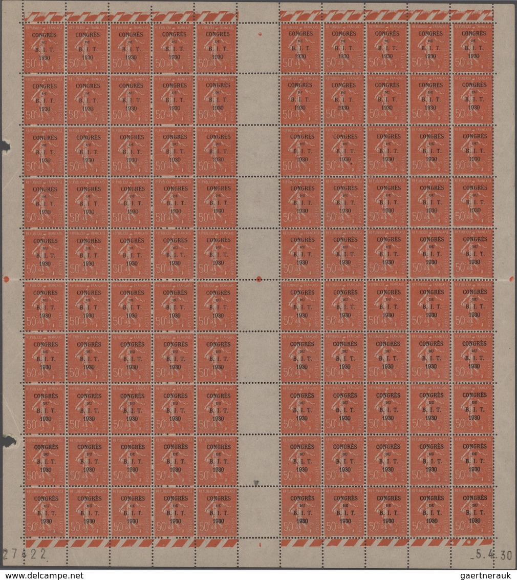 Frankreich: 1930, BIT Congress, Overprint Issue, Both Values In Gutter Sheets Of 100 Stamps (folded/ - Sammlungen