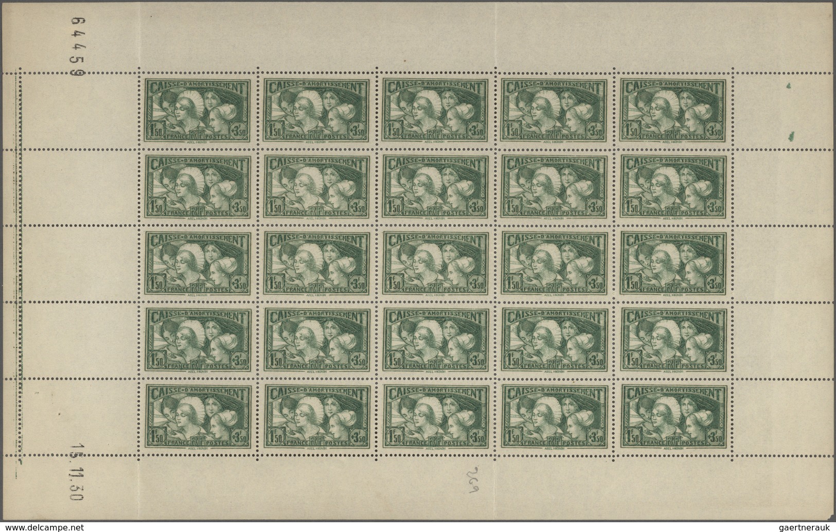 Frankreich: 1931, National Debt Fund, 1.50fr. Deep Yellow-green, Complete Sheet Of 25 Stamps (folded - Colecciones Completas