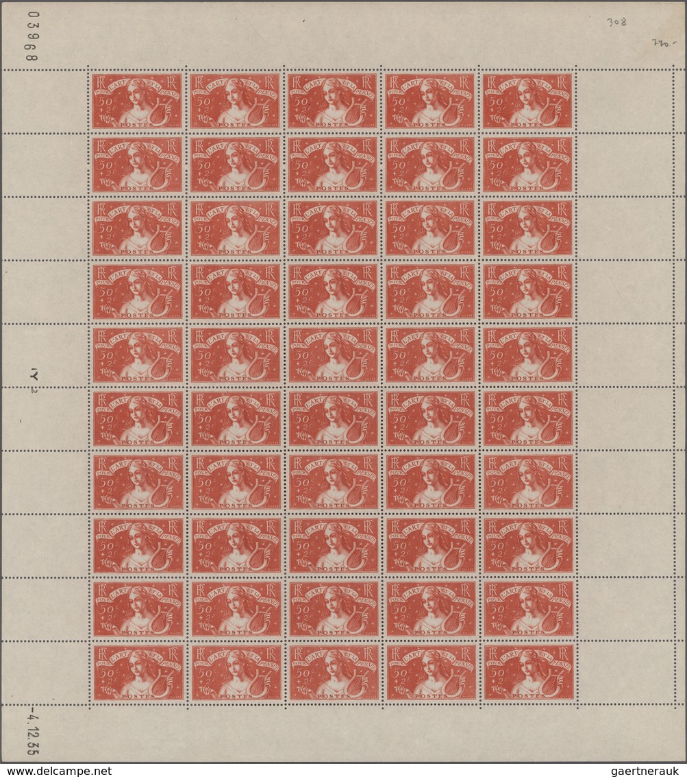 Frankreich: 1935, 50c.+2fr. "Musica", (folded) Sheet Of 50 Stamps, Mint Never Hinged. Maury 308 (50) - Colecciones Completas