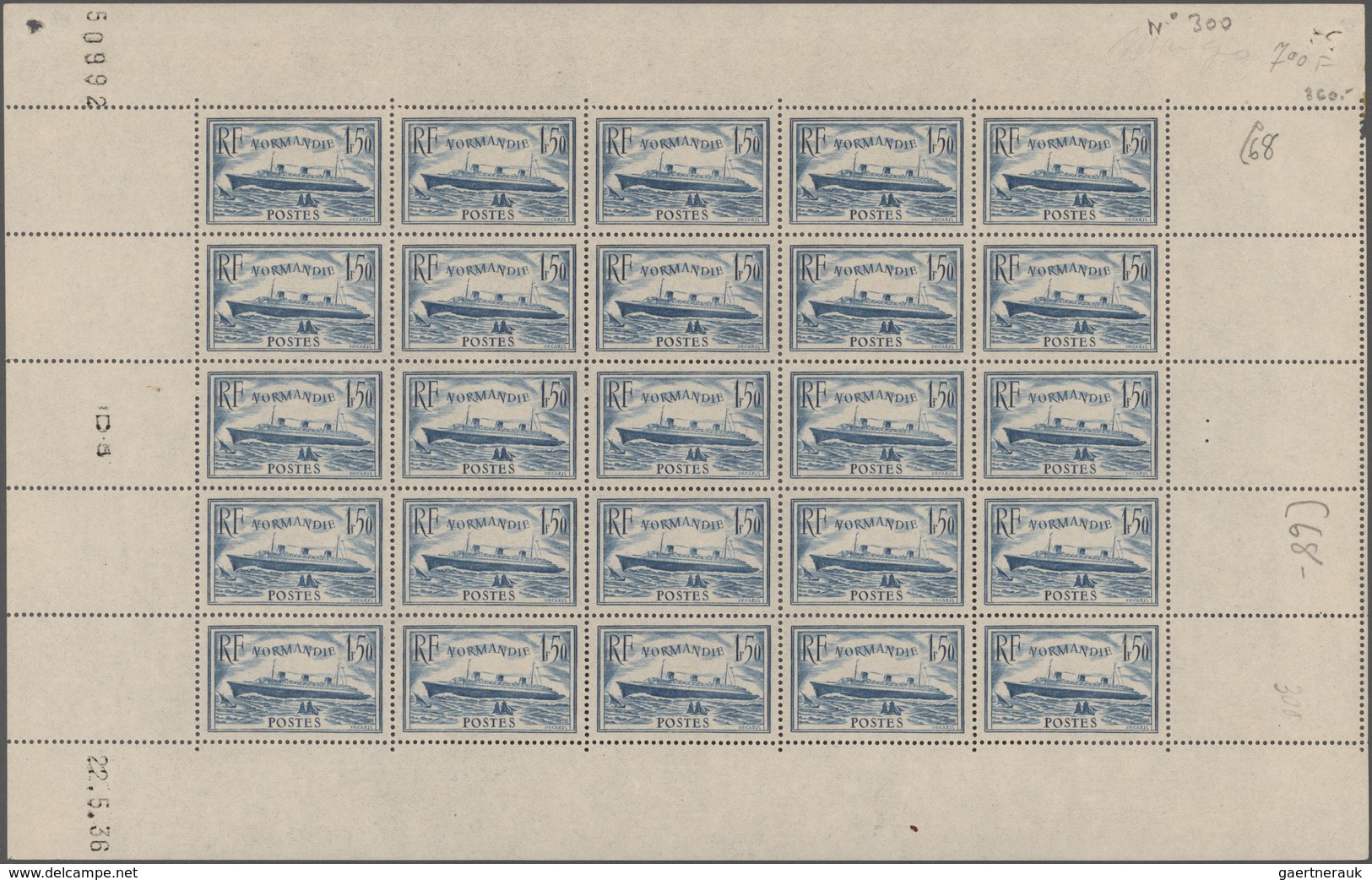 Frankreich: 1936, Steamer "Normandie" 1.50fr. Light Blue, Sheet Of 25 Stamps, Mint Never Hinged (sli - Colecciones Completas