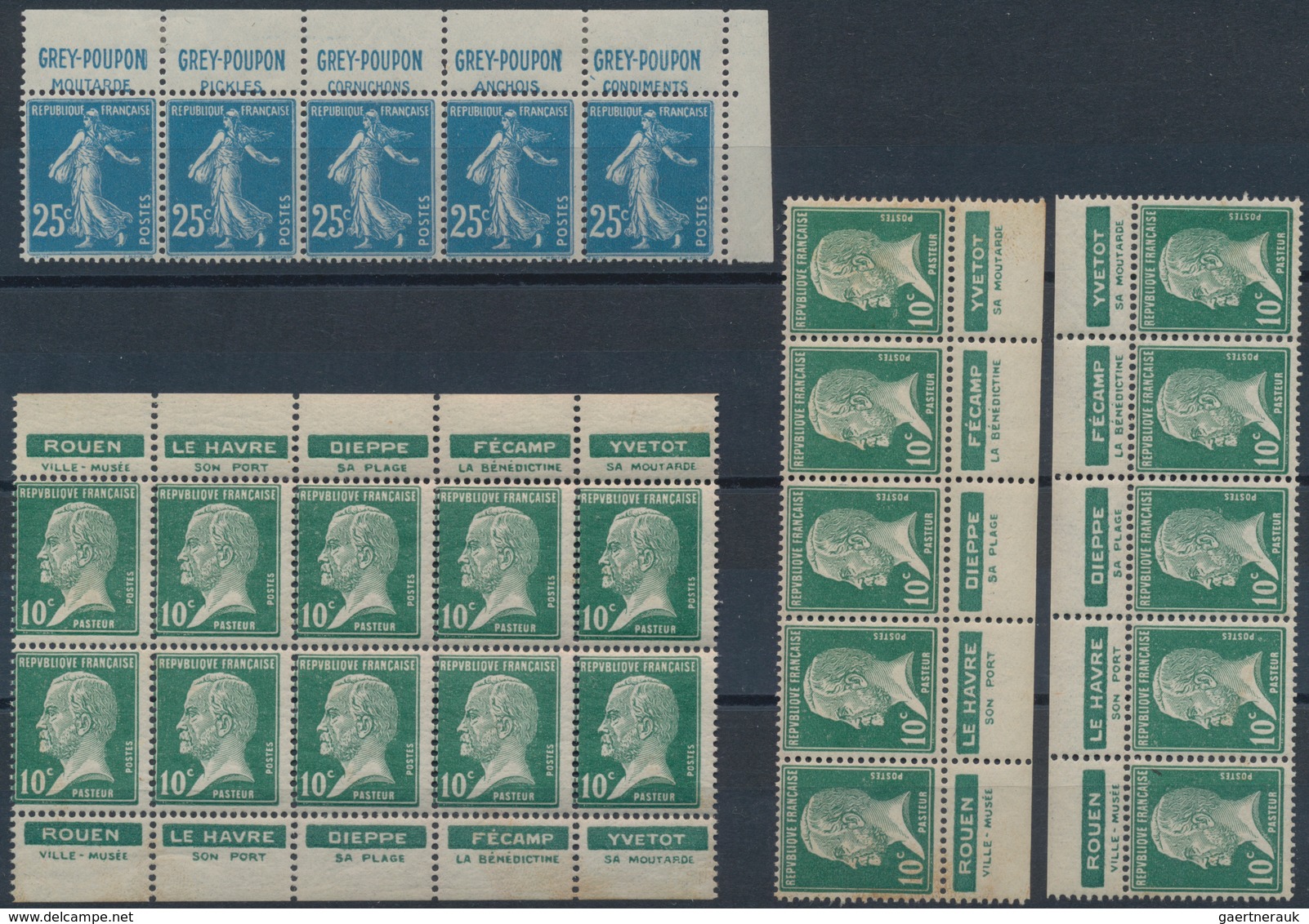 Frankreich - Zusammendrucke: 1920's, BANDES PUBLICITAIRES, 10c. Pasteur Four Strips Of Five "Villes - Sonstige & Ohne Zuordnung