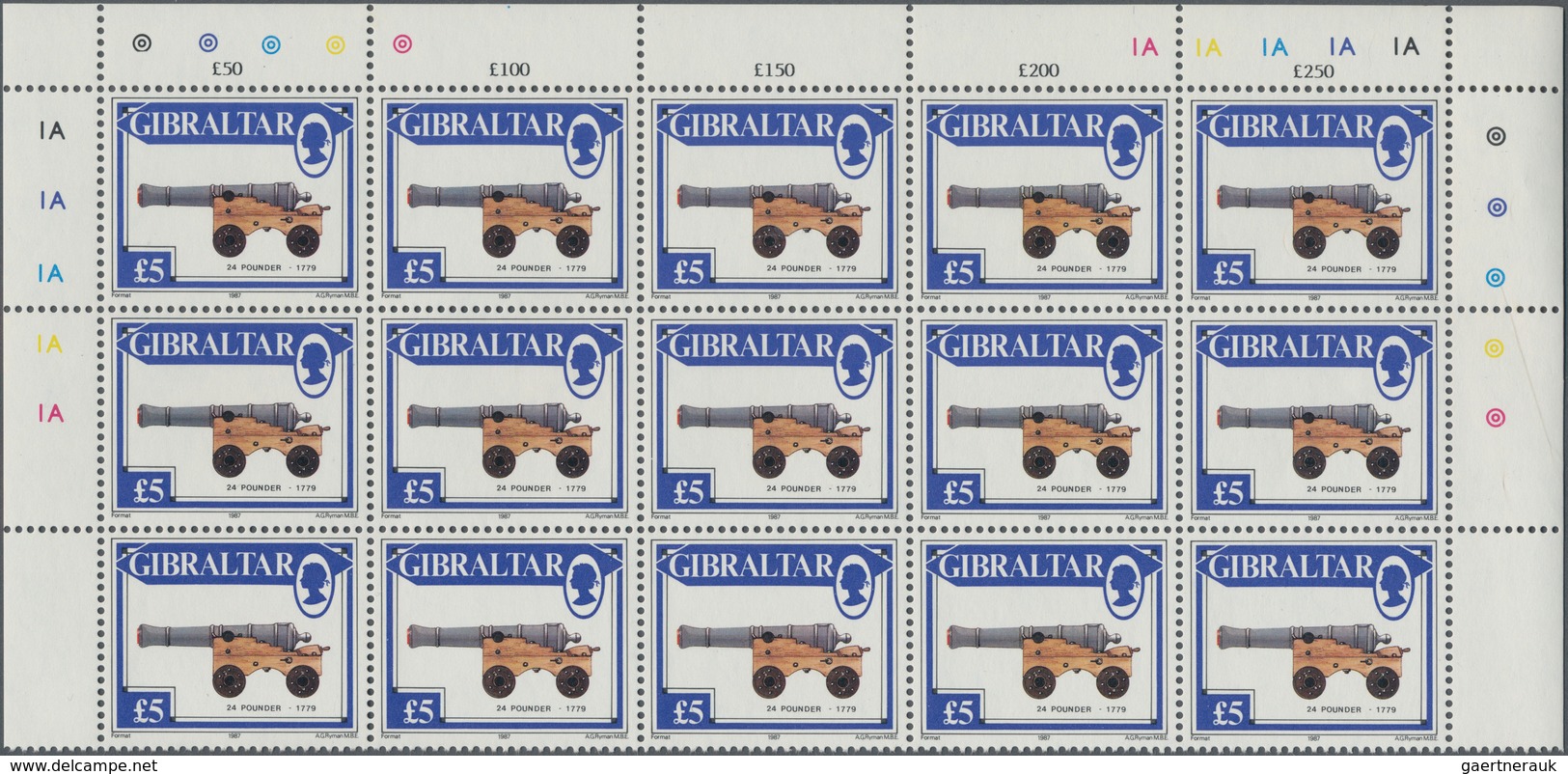Gibraltar: 1987, Pieces Of Artellery, Big Investment Accumulation Of 870 Sets In Sheets, Unfortunate - Gibraltar