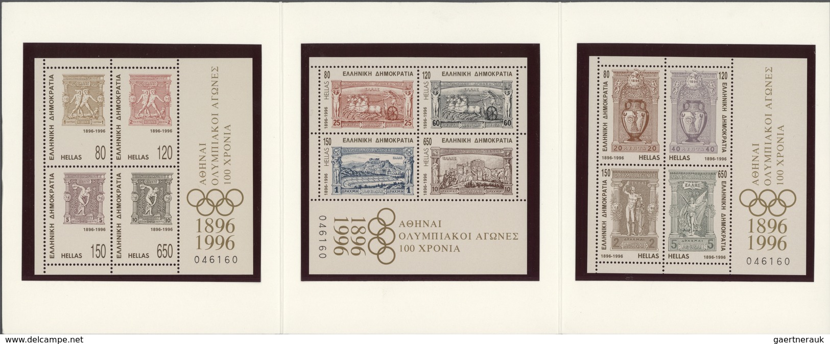 Griechenland: 1996, 100 Years Of Modern Olympic Games, Three Souvenir Sheets MNH In A Souvenir Folde - Brieven En Documenten