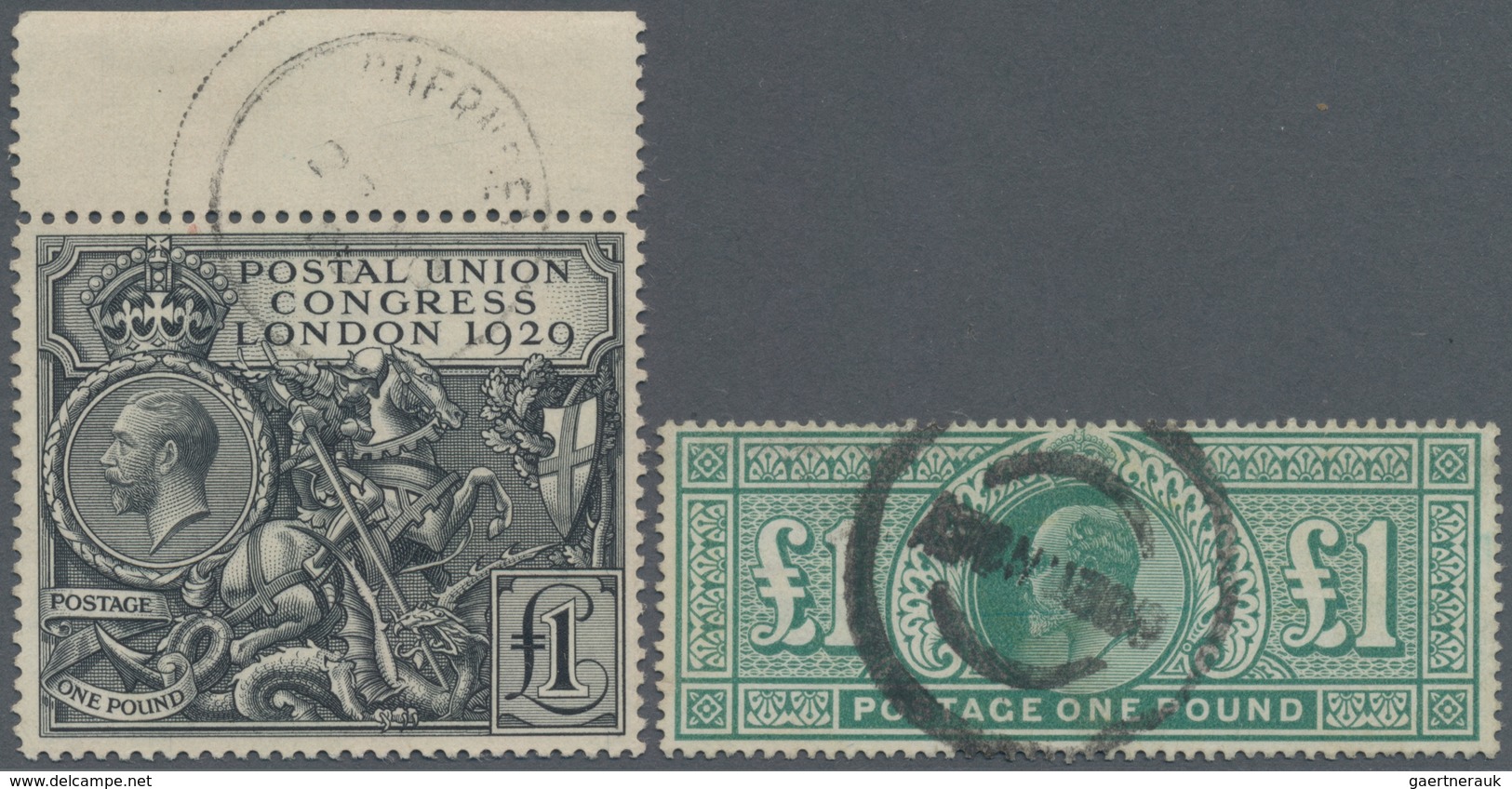Großbritannien: 1902/1929, Lot Of Two Used Stamps: KEVII £1 Blue-green And UPU £1 Black Top Marginal - Otros & Sin Clasificación