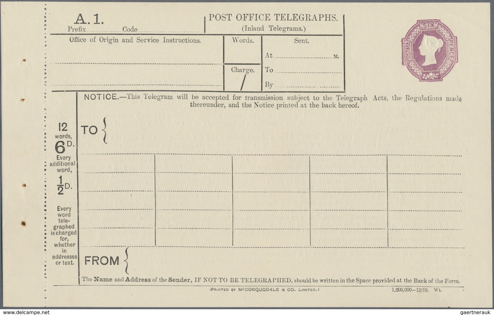 Großbritannien - Ganzsachen: 1897/1900, Five Unused Inland Telegrams QV Six Pence Purple On White Pa - 1840 Mulready Omslagen En Postblad