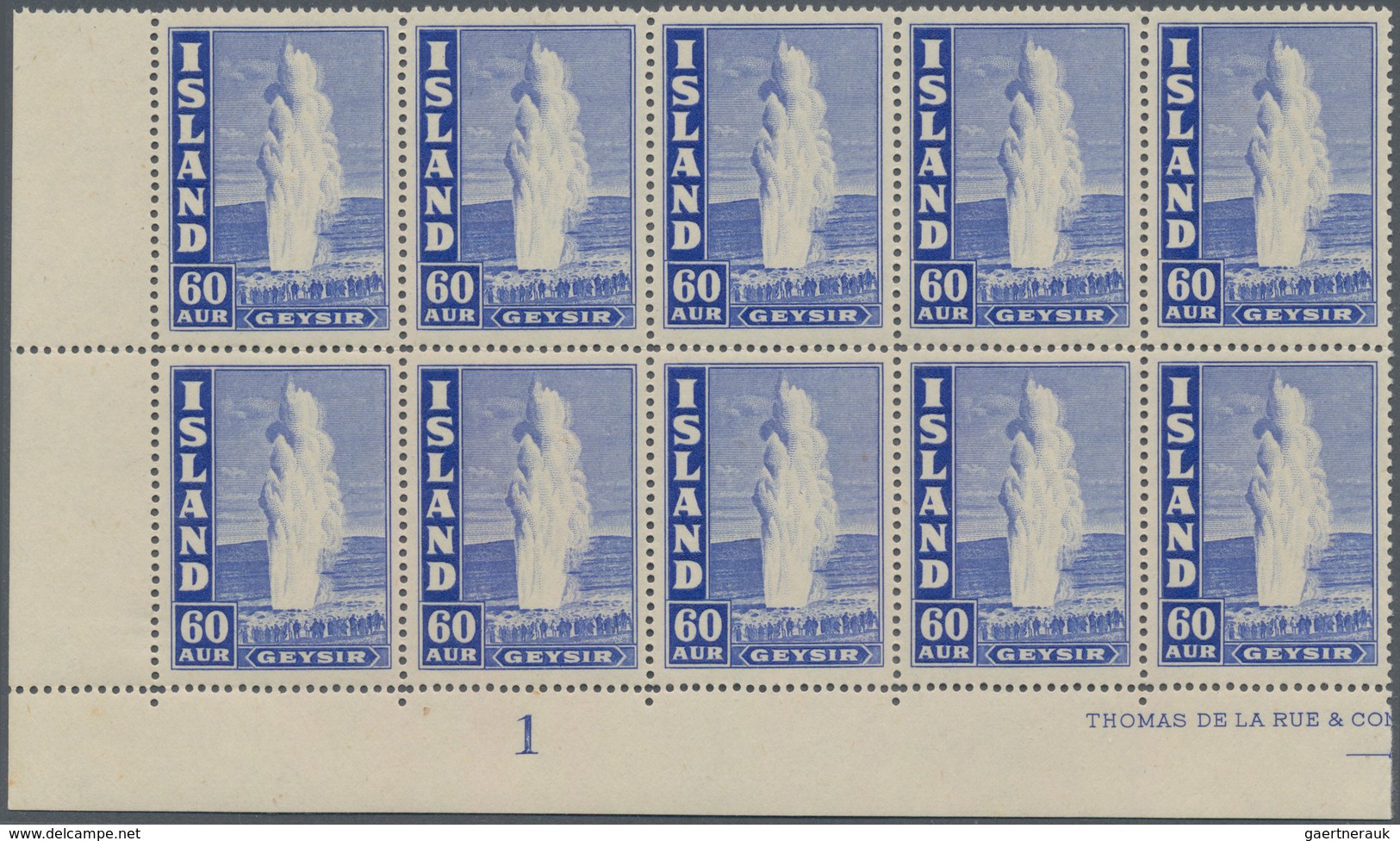 Island: 1943, Definitive Issue 'Geysir' 60a. Ultramarine Perf. 14 In An Unusual Large Lot With About - Otros & Sin Clasificación