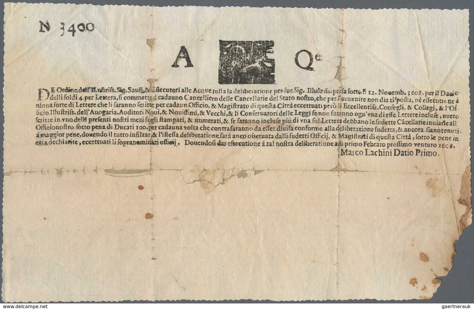 Italien - Vorphila: 1600s-1700, 6 AQ Venezia Flood Certificates, 1600s-1700s, Considered The World's - ...-1850 Préphilatélie
