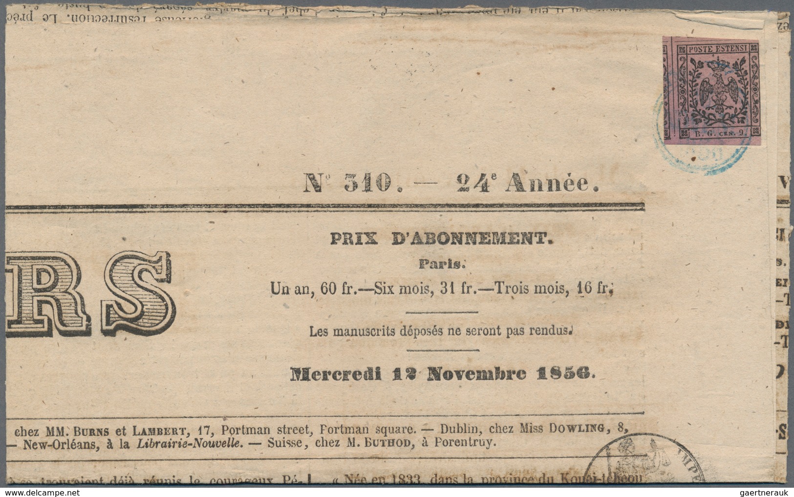 Italien - Altitalienische Staaten: Modena - Zeitungsstempelmarken: 1854/1856: 9 C. "small B.G." News - Modena