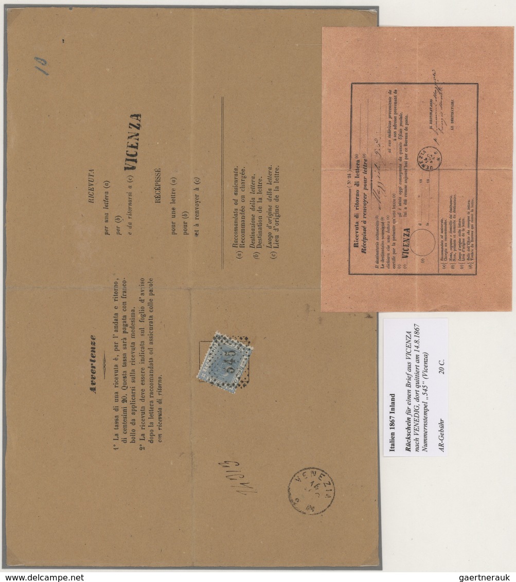 Italien: 1865/1964, AVIS DE RECEPTION, Specialised Collection Of Apprx. 67 Entires (covers/cards/for - Collections