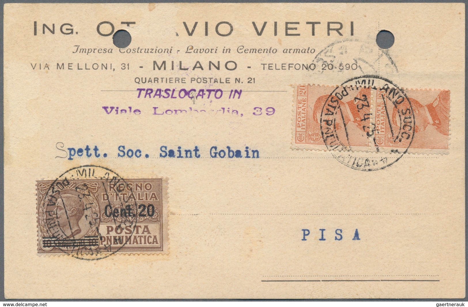 Italien: 1914 - 1957 (ca): "Pneumatic Mail" in Rome, Naples and Milan. 130+ covers, stationery, tele