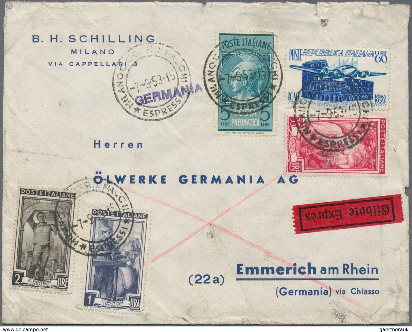 Italien: 1952/1958, Lot Of Eight Commercial Covers To Emmerich/Germany Bearing Commemoratives Franki - Colecciones