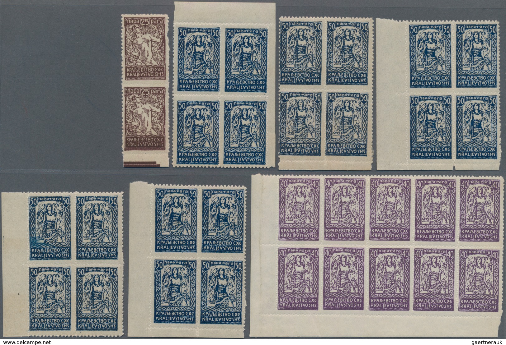 Jugoslawien: 1920. "Chainbreakers" Varieties. Four stock card with various degrees of OFFSETS of the